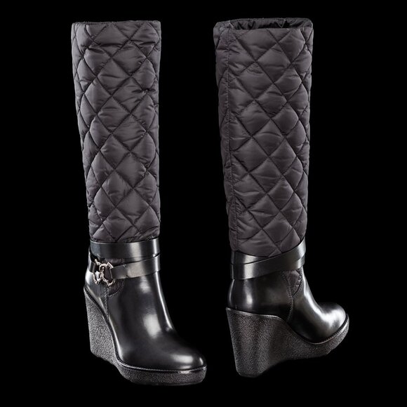 Moncler New Cernobbio Black Quilted Leather Wedge Boots - Picture 1 of 11